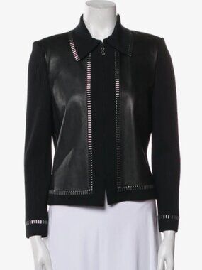 St. John Collection Black Lamb Leather & Knit Silver Detail Zip Jacket Size L